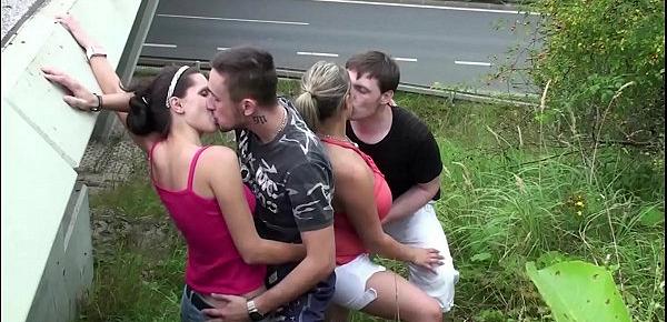  Cum on a chubby girl with big tits in extreme public foursome sex by a highway